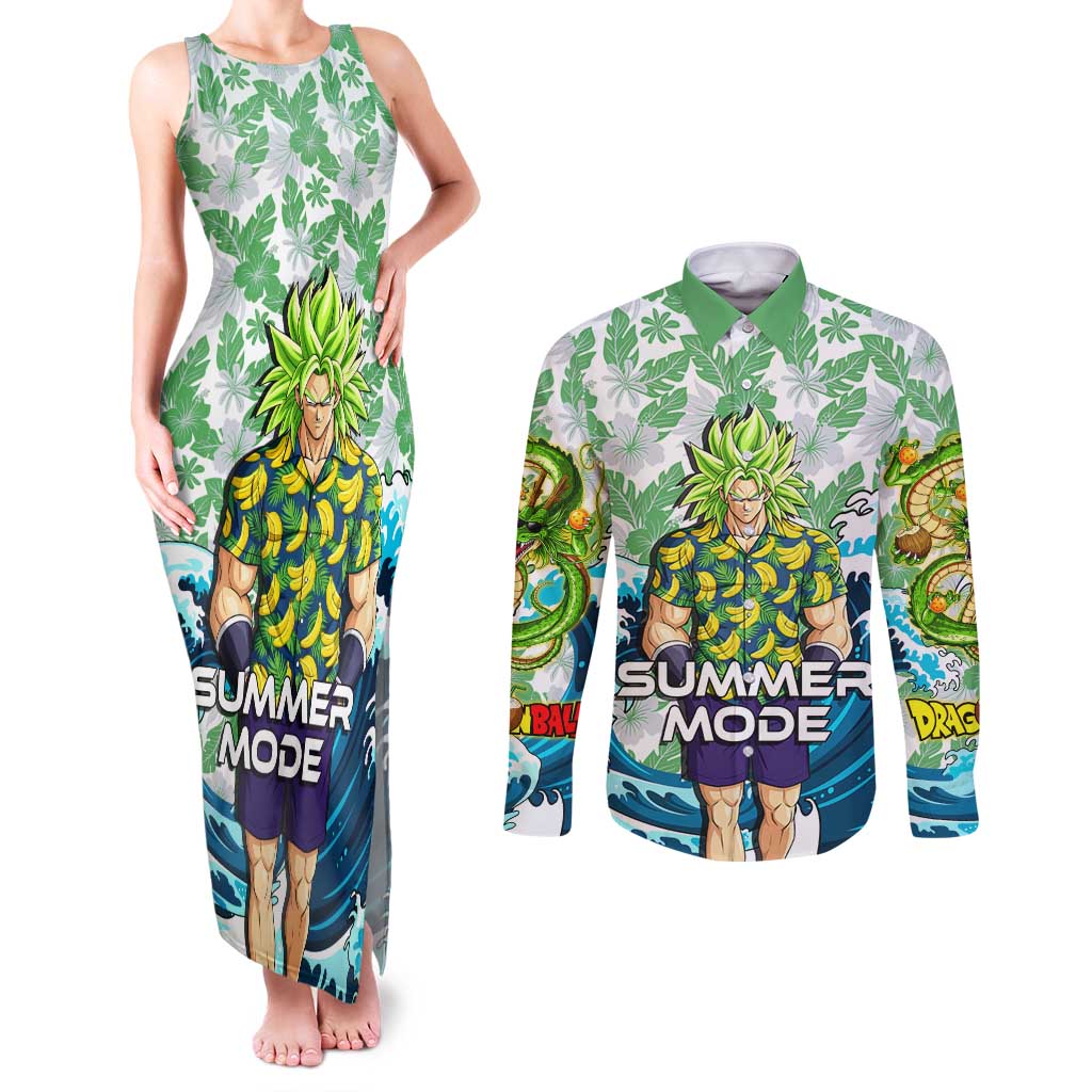 Broly Dragon Ball Summer Theme Couples Matching Tank Maxi Dress and Long Sleeve Button Shirt with Banana Shirt Sunglasses Shenron and Tropical Ocean Background - The Mazicc
