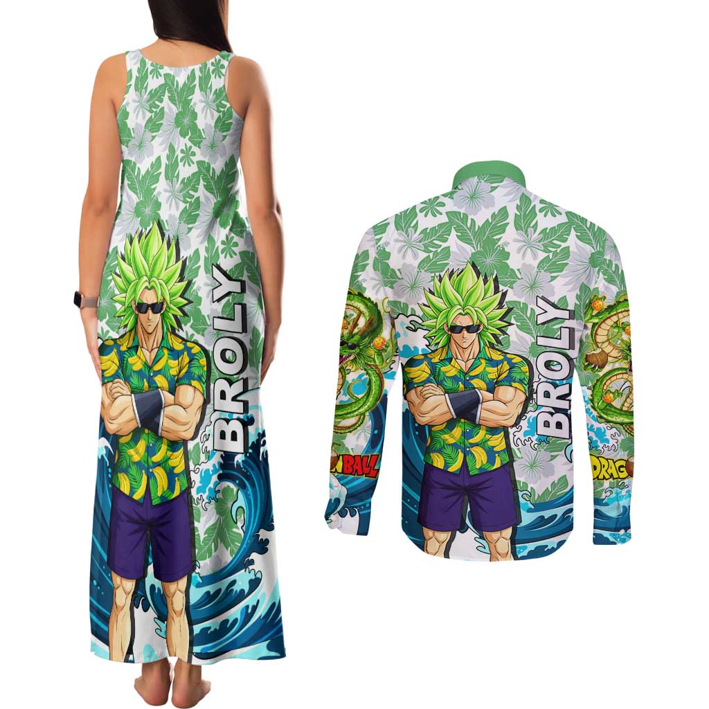 Broly Dragon Ball Summer Theme Couples Matching Tank Maxi Dress and Long Sleeve Button Shirt with Banana Shirt Sunglasses Shenron and Tropical Ocean Background - The Mazicc