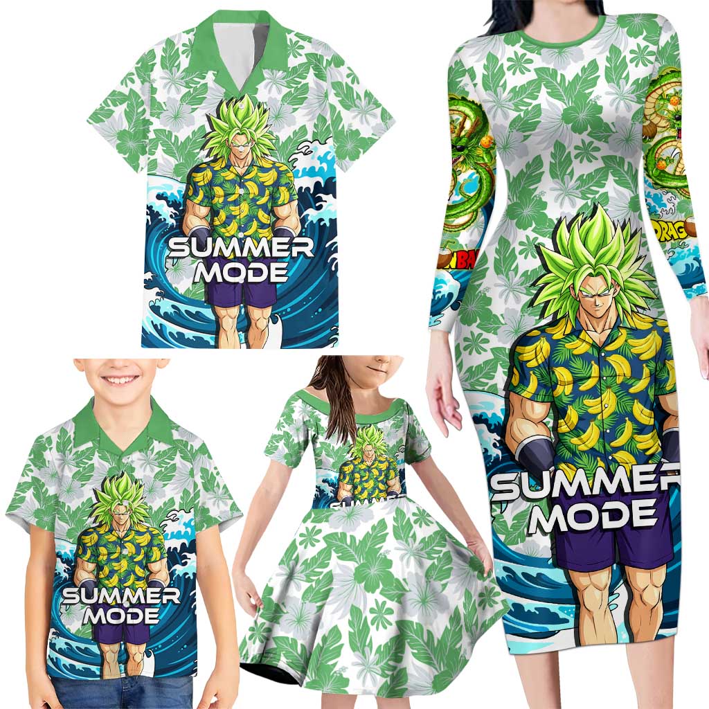 Broly Dragon Ball Summer Theme Family Matching Long Sleeve Bodycon Dress and Hawaiian Shirt with Banana Shirt Sunglasses Shenron and Tropical Ocean Background