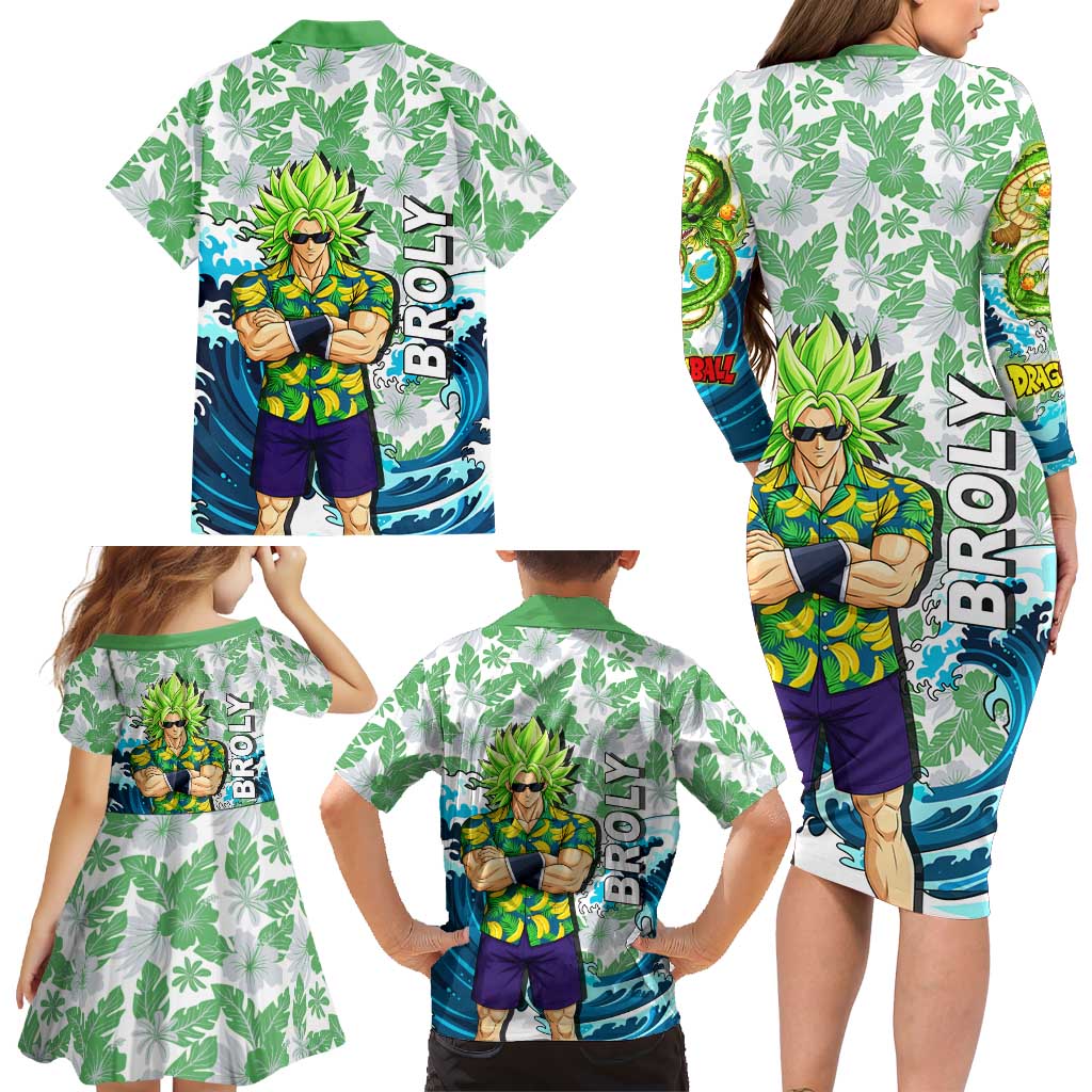 Broly Dragon Ball Summer Theme Family Matching Long Sleeve Bodycon Dress and Hawaiian Shirt with Banana Shirt Sunglasses Shenron and Tropical Ocean Background