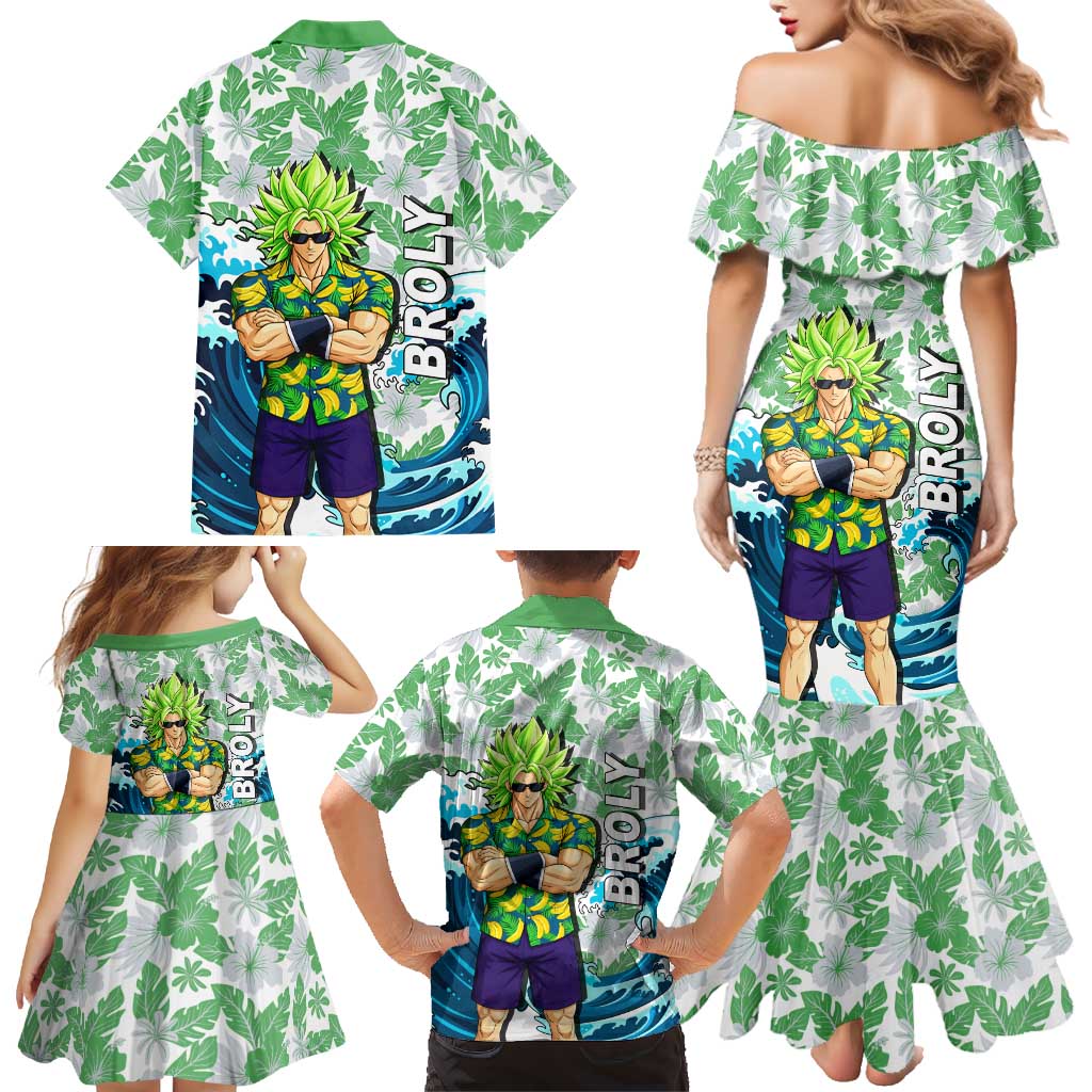 Broly Dragon Ball Summer Theme Family Matching Mermaid Dress and Hawaiian Shirt with Banana Shirt Sunglasses Shenron and Tropical Ocean Background