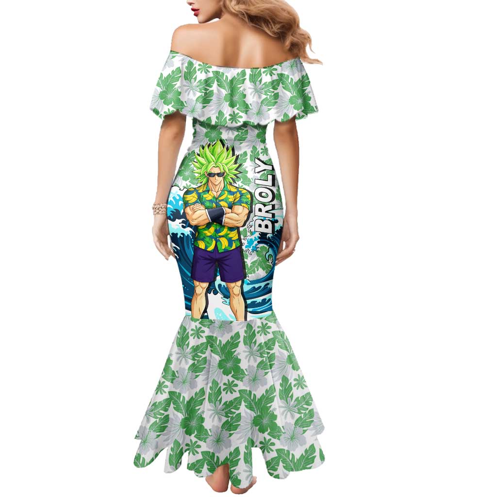 Broly Dragon Ball Summer Theme Family Matching Mermaid Dress and Hawaiian Shirt with Banana Shirt Sunglasses Shenron and Tropical Ocean Background