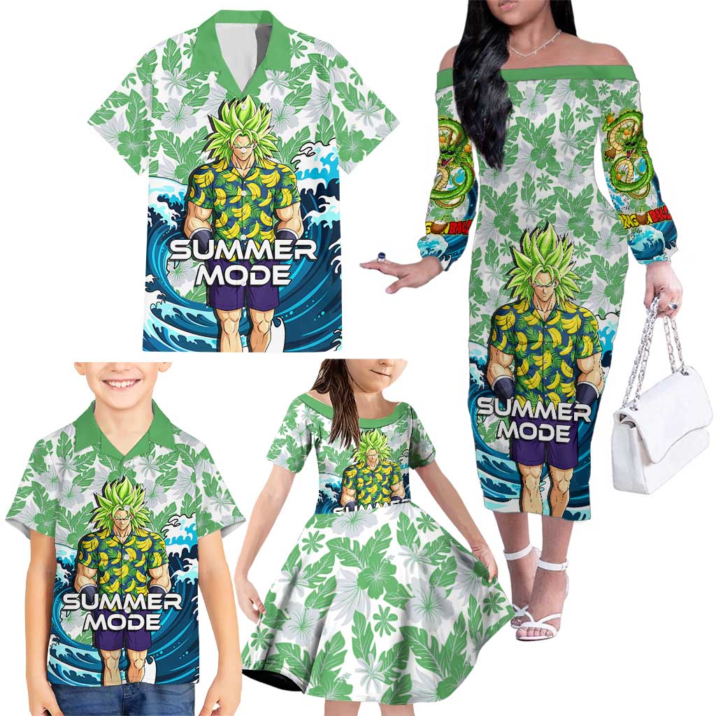 Broly Dragon Ball Summer Theme Family Matching Off The Shoulder Long Sleeve Dress and Hawaiian Shirt with Banana Shirt Sunglasses Shenron and Tropical Ocean Background
