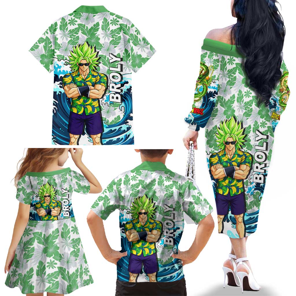 Broly Dragon Ball Summer Theme Family Matching Off The Shoulder Long Sleeve Dress and Hawaiian Shirt with Banana Shirt Sunglasses Shenron and Tropical Ocean Background