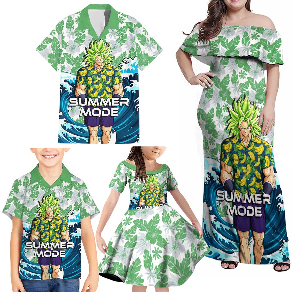 Broly Dragon Ball Summer Theme Family Matching Off Shoulder Maxi Dress and Hawaiian Shirt with Banana Shirt Sunglasses Shenron and Tropical Ocean Background