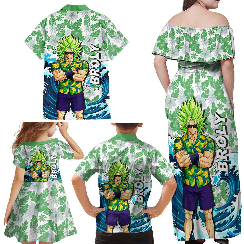 Broly Dragon Ball Summer Theme Family Matching Off Shoulder Maxi Dress and Hawaiian Shirt with Banana Shirt Sunglasses Shenron and Tropical Ocean Background