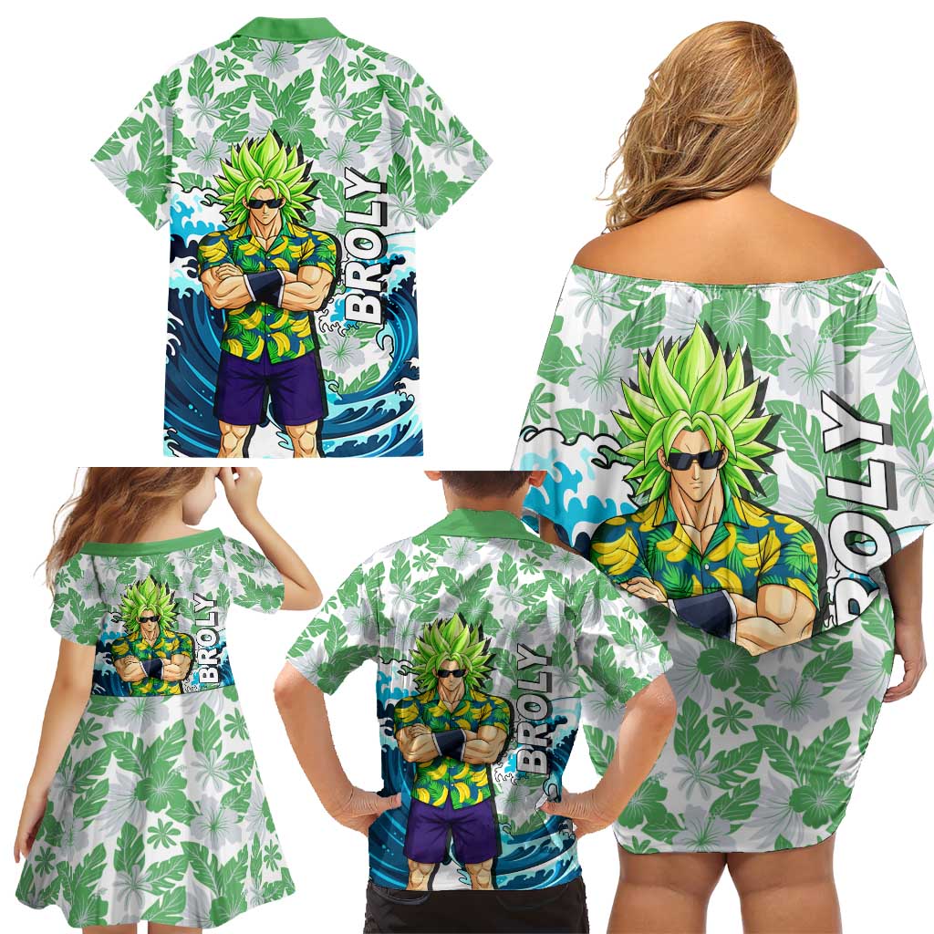 Broly Dragon Ball Summer Theme Family Matching Off Shoulder Short Dress and Hawaiian Shirt with Banana Shirt Sunglasses Shenron and Tropical Ocean Background