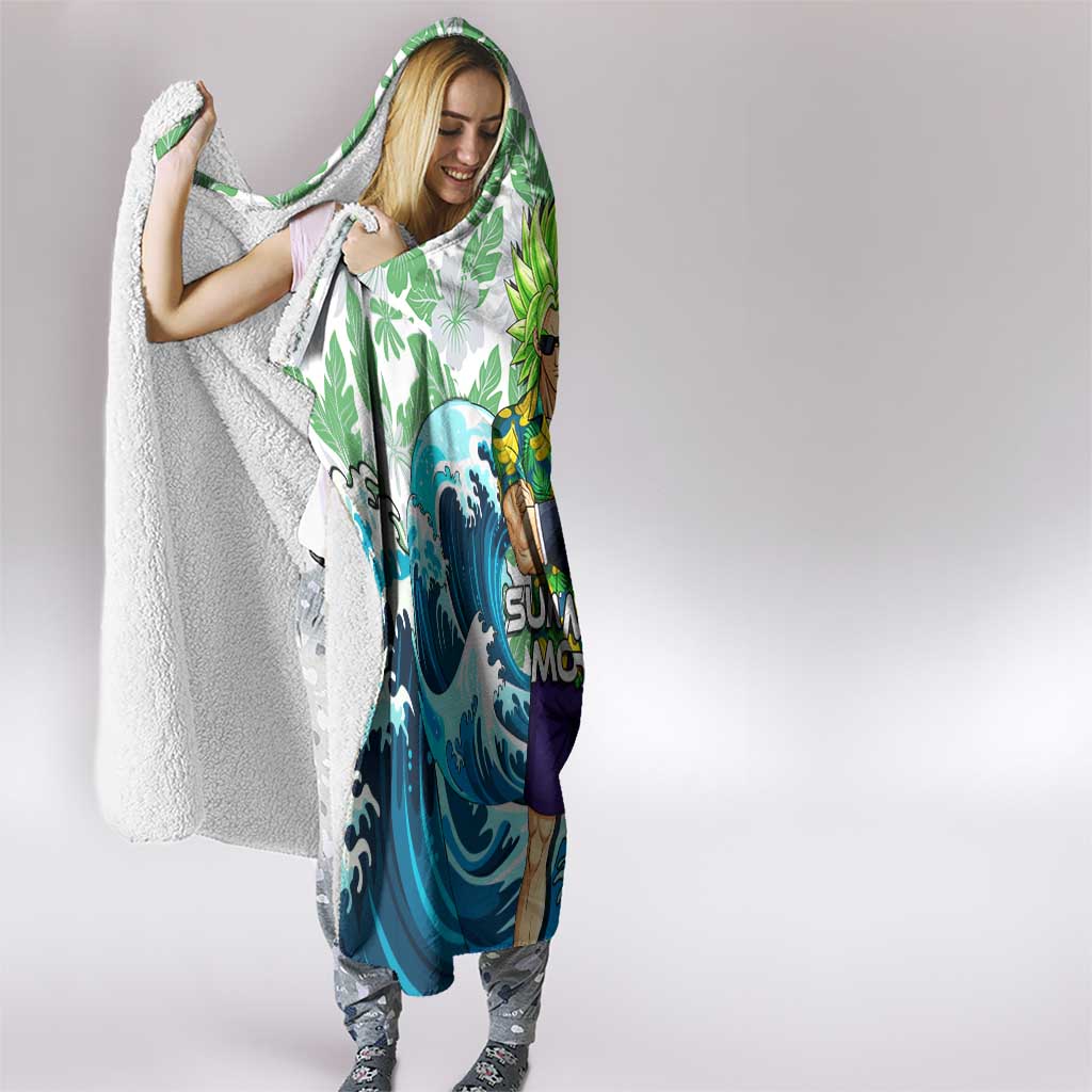 Broly Dragon Ball Summer Theme Hooded Blanket with Banana Shirt Sunglasses Shenron and Tropical Ocean Background - The Mazicc