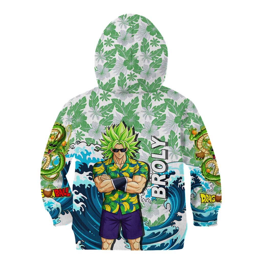 Broly Dragon Ball Summer Theme Kid Hoodie with Banana Shirt Sunglasses Shenron and Tropical Ocean Background - The Mazicc
