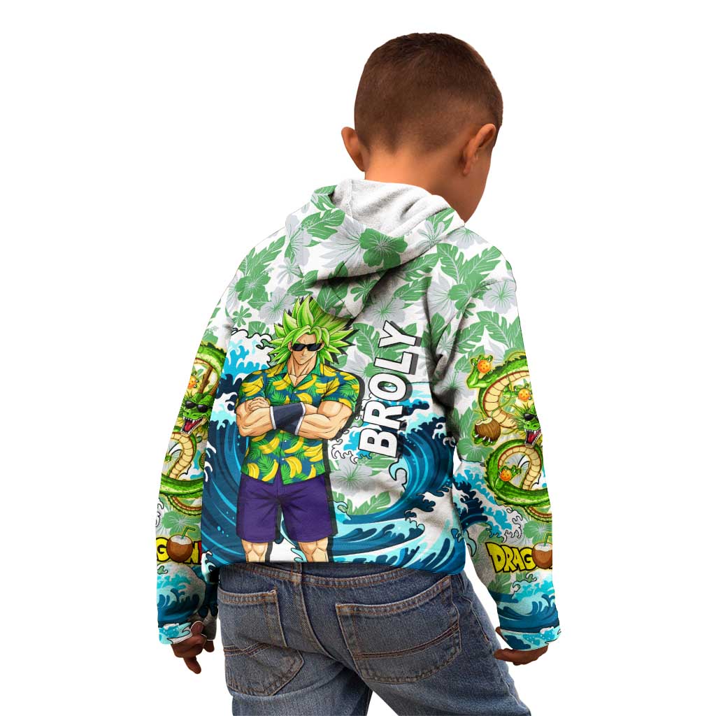 Broly Dragon Ball Summer Theme Kid Hoodie with Banana Shirt Sunglasses Shenron and Tropical Ocean Background - The Mazicc