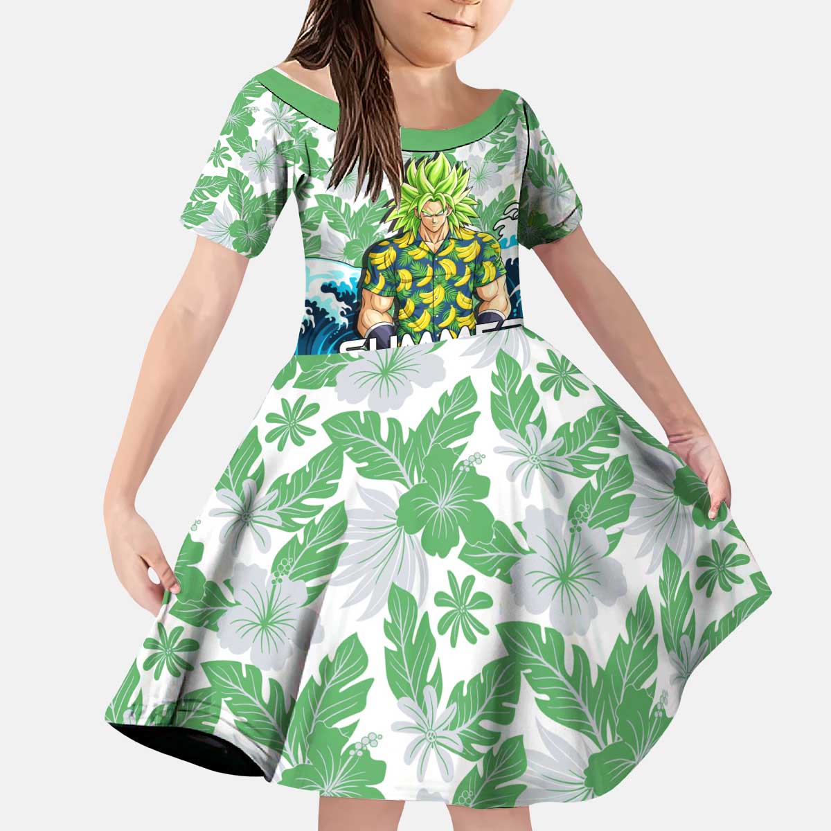 Broly Dragon Ball Summer Theme Kid Short Sleeve Dress with Banana Shirt Sunglasses Shenron and Tropical Ocean Background - The Mazicc