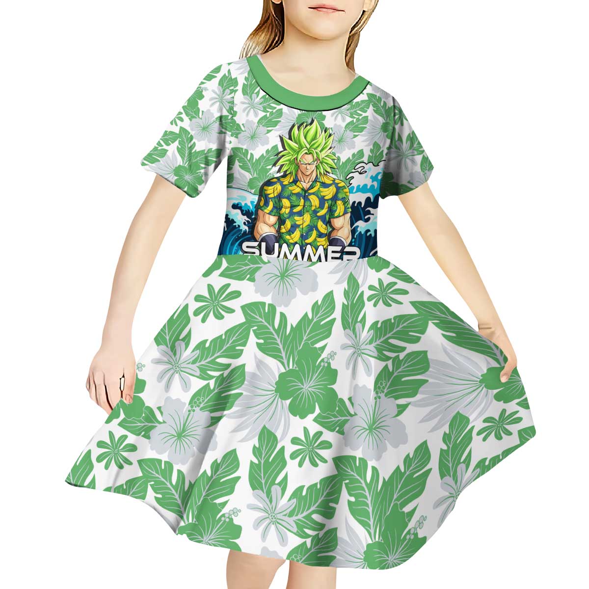 Broly Dragon Ball Summer Theme Kid Short Sleeve Dress with Banana Shirt Sunglasses Shenron and Tropical Ocean Background - The Mazicc