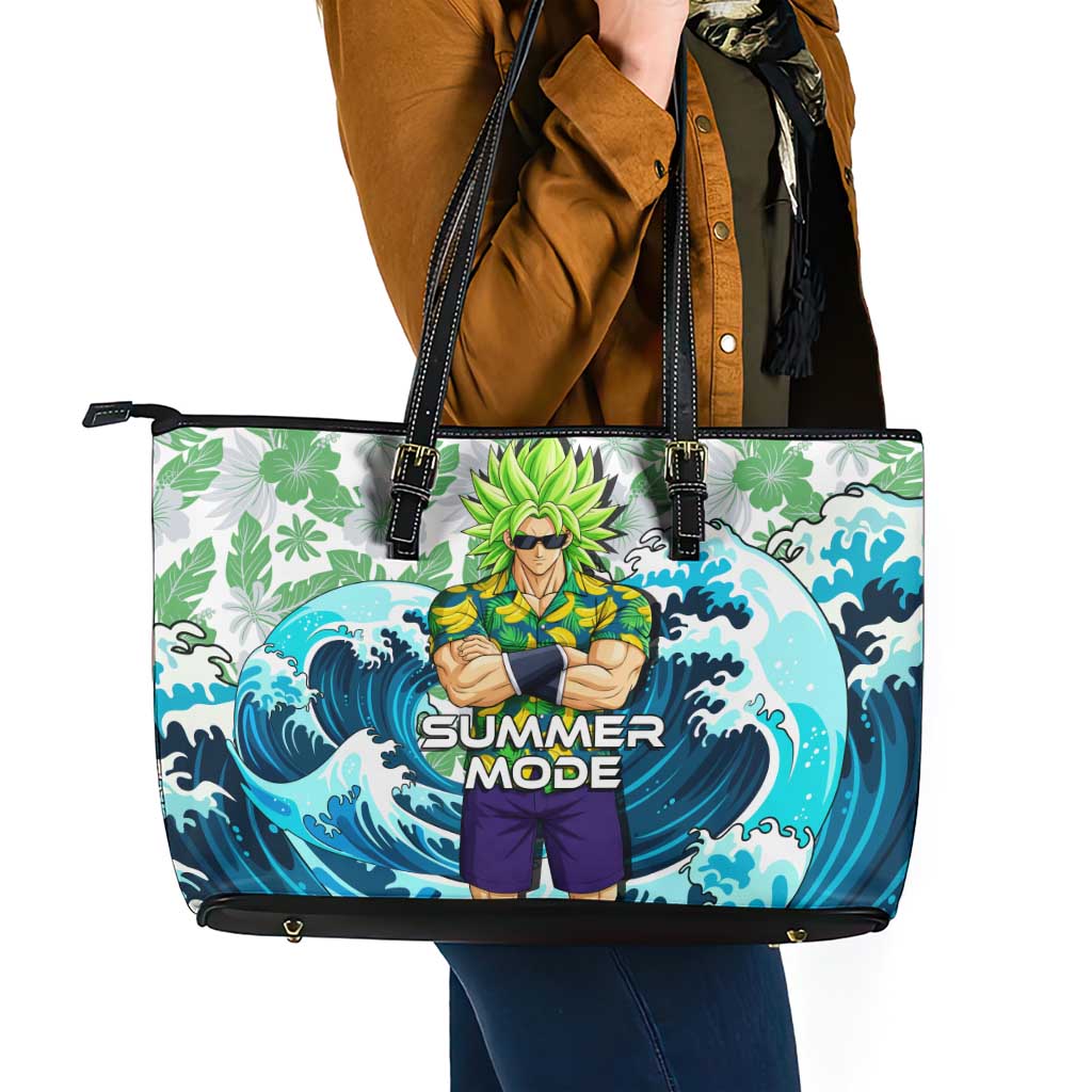 Broly Dragon Ball Summer Theme Leather Tote Bag with Banana Shirt Sunglasses Shenron and Tropical Ocean Background - The Mazicc