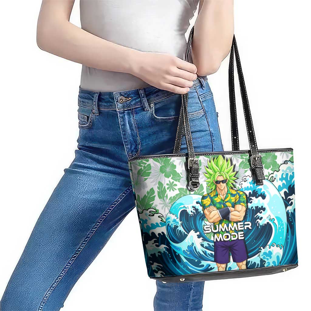 Broly Dragon Ball Summer Theme Leather Tote Bag with Banana Shirt Sunglasses Shenron and Tropical Ocean Background - The Mazicc