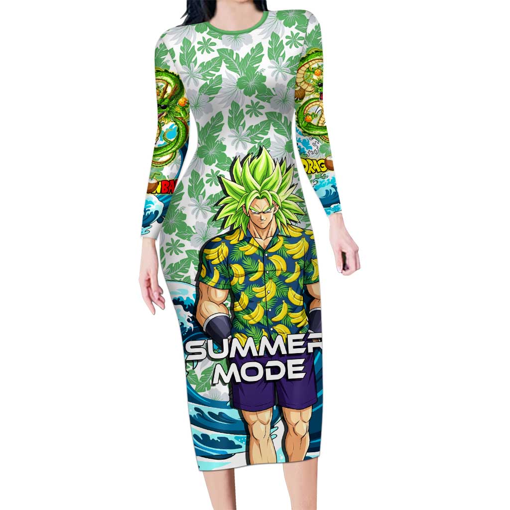 Broly Dragon Ball Summer Theme Long Sleeve Bodycon Dress with Banana Shirt Sunglasses Shenron and Tropical Ocean Background - The Mazicc