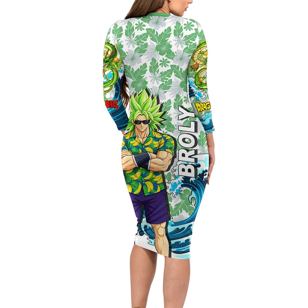 Broly Dragon Ball Summer Theme Long Sleeve Bodycon Dress with Banana Shirt Sunglasses Shenron and Tropical Ocean Background - The Mazicc