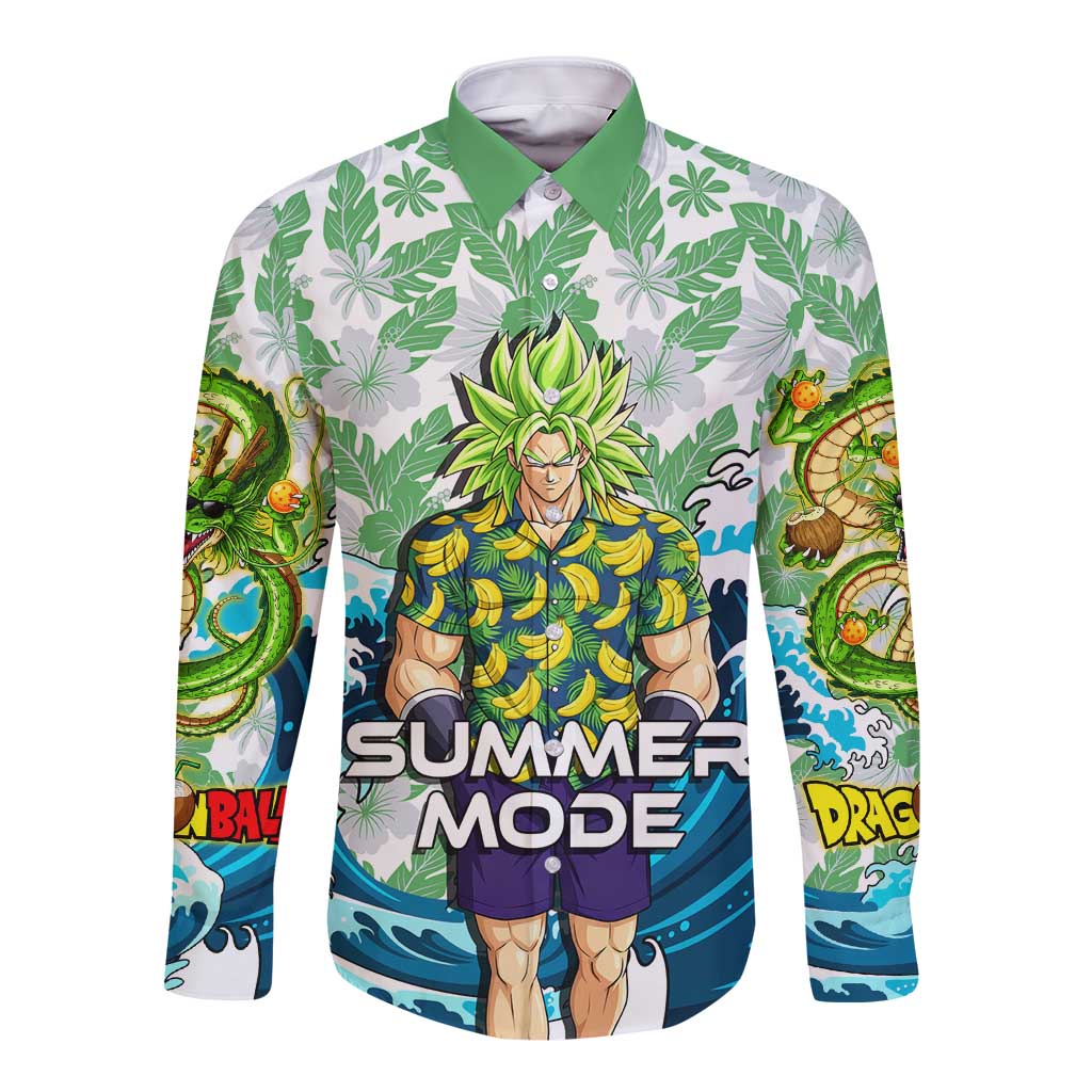 Broly Dragon Ball Summer Theme Long Sleeve Button Shirt with Banana Shirt Sunglasses Shenron and Tropical Ocean Background - The Mazicc