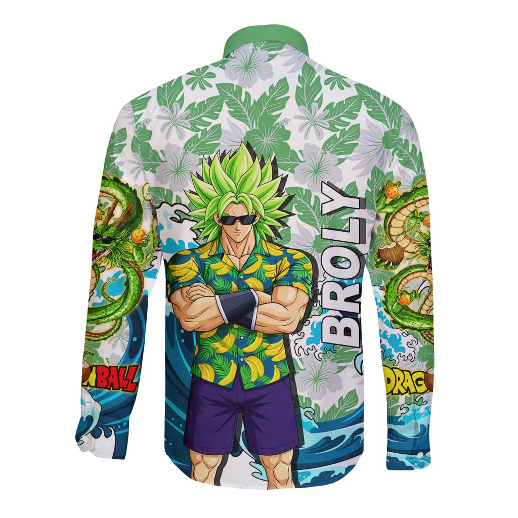 Broly Dragon Ball Summer Theme Long Sleeve Button Shirt with Banana Shirt Sunglasses Shenron and Tropical Ocean Background - The Mazicc