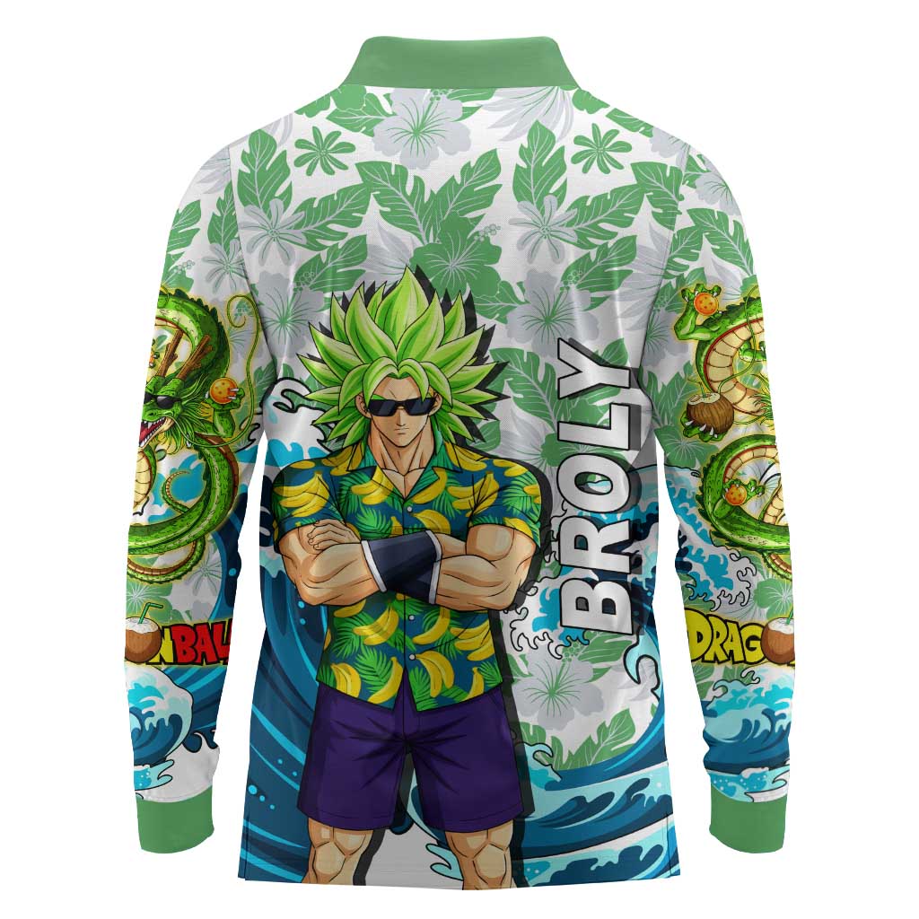 Broly Dragon Ball Summer Theme Long Sleeve Polo Shirt with Banana Shirt Sunglasses Shenron and Tropical Ocean Background - The Mazicc