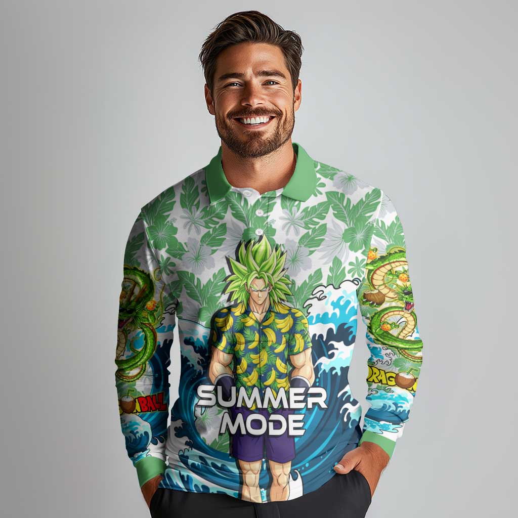 Broly Dragon Ball Summer Theme Long Sleeve Polo Shirt with Banana Shirt Sunglasses Shenron and Tropical Ocean Background - The Mazicc