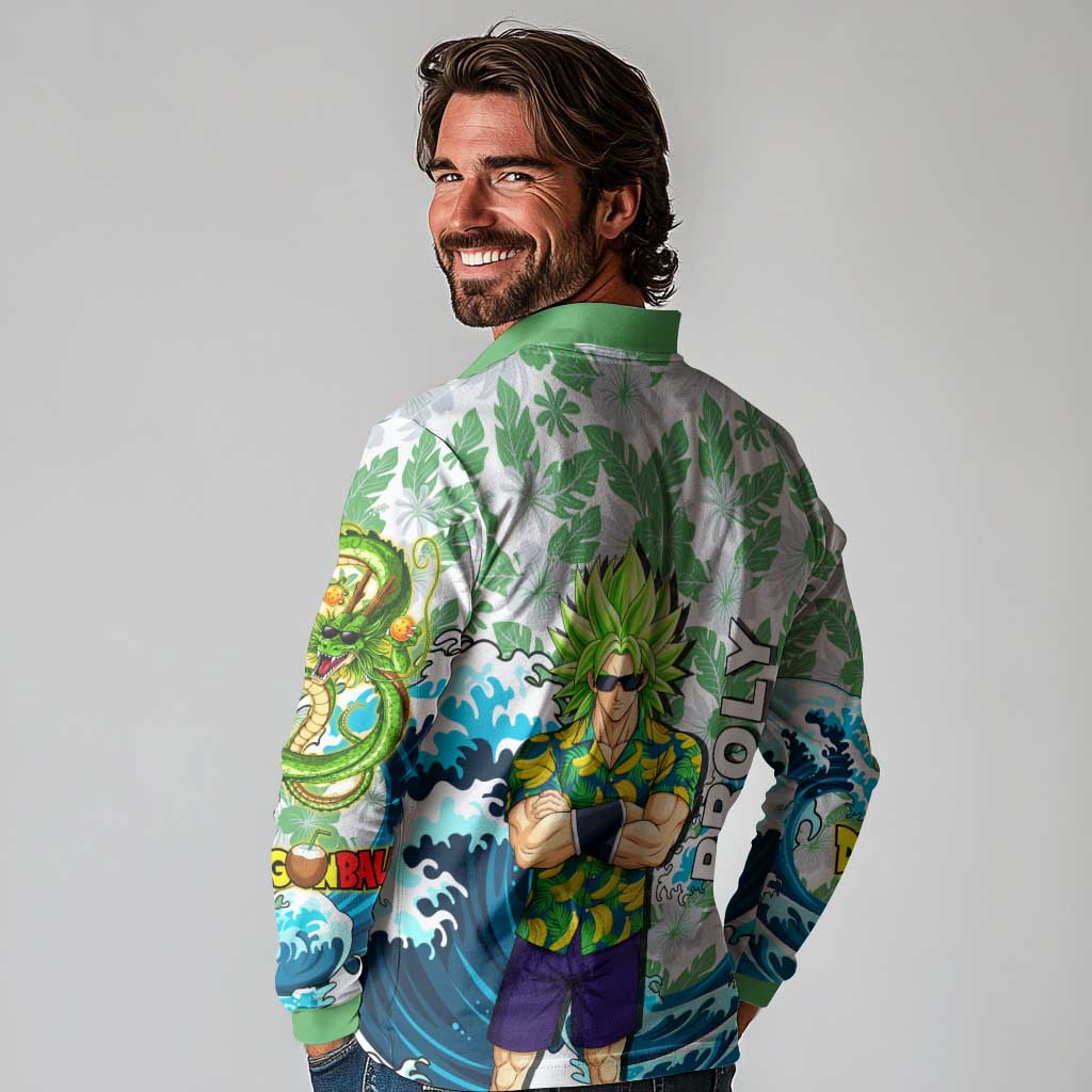 Broly Dragon Ball Summer Theme Long Sleeve Polo Shirt with Banana Shirt Sunglasses Shenron and Tropical Ocean Background - The Mazicc
