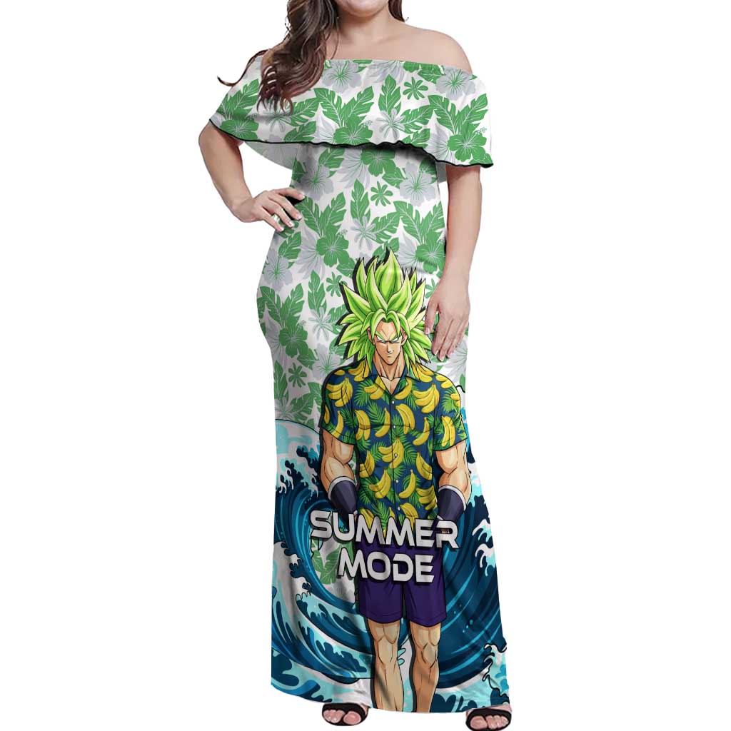 Broly Dragon Ball Summer Theme Off Shoulder Maxi Dress with Banana Shirt Sunglasses Shenron and Tropical Ocean Background - The Mazicc