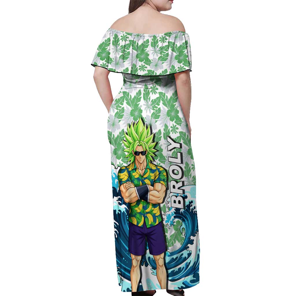 Broly Dragon Ball Summer Theme Off Shoulder Maxi Dress with Banana Shirt Sunglasses Shenron and Tropical Ocean Background - The Mazicc
