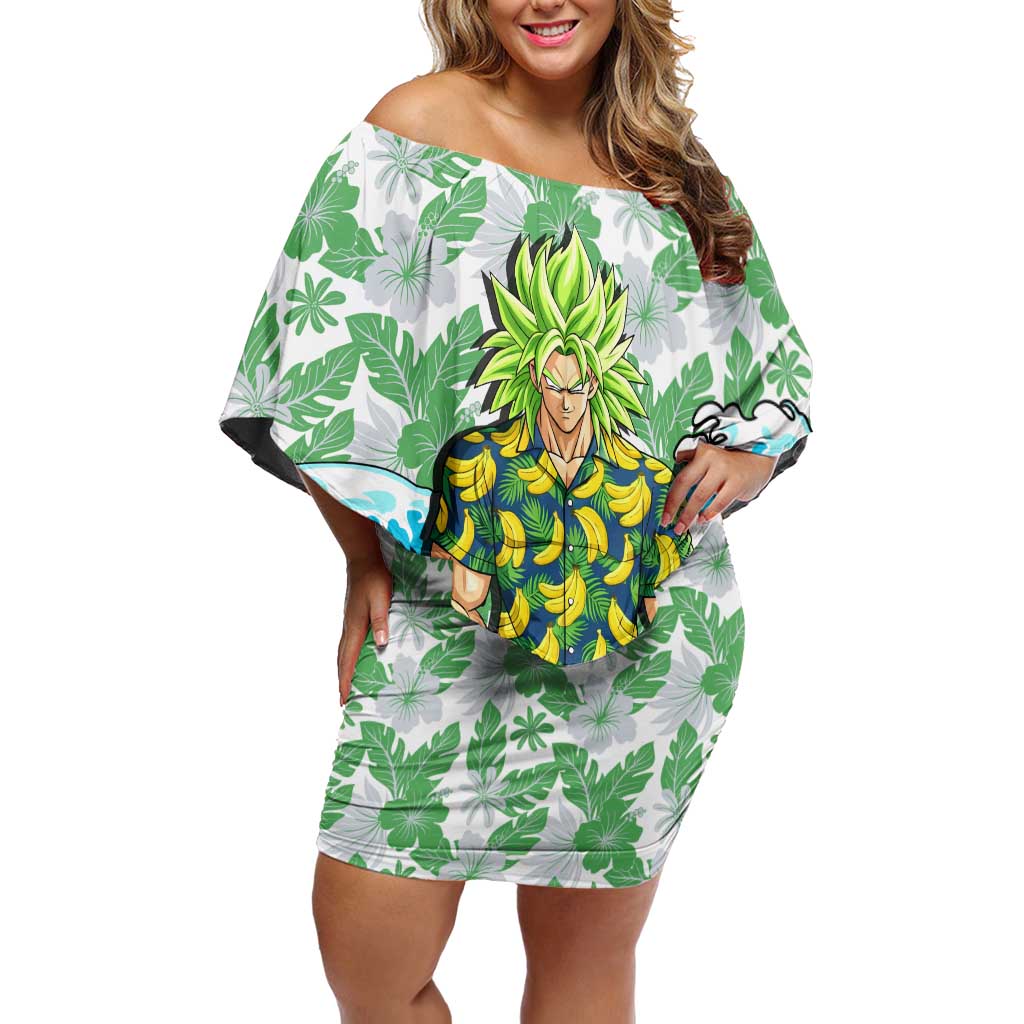Broly Dragon Ball Summer Theme Off Shoulder Short Dress with Banana Shirt Sunglasses Shenron and Tropical Ocean Background - The Mazicc