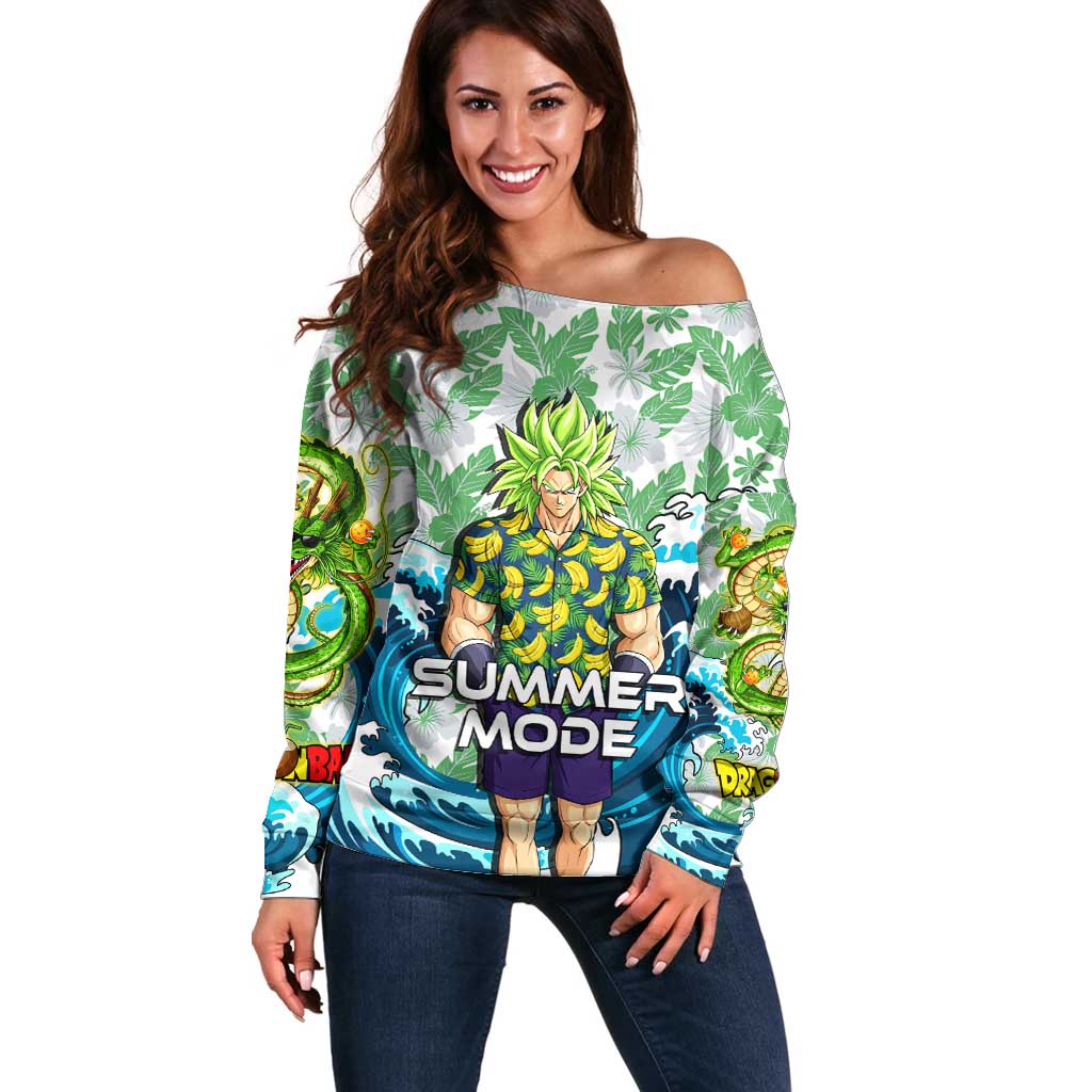 Broly Dragon Ball Summer Theme Off Shoulder Sweater with Banana Shirt Sunglasses Shenron and Tropical Ocean Background - The Mazicc