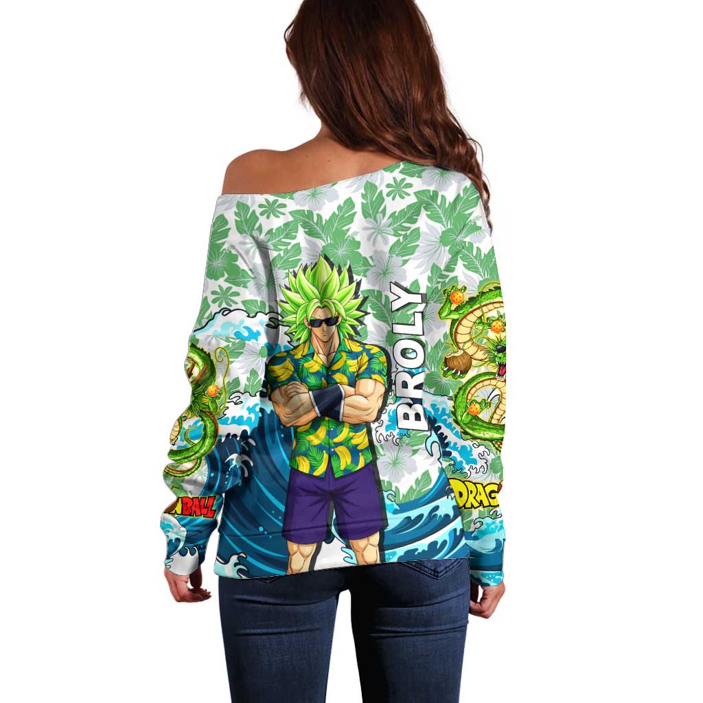 Broly Dragon Ball Summer Theme Off Shoulder Sweater with Banana Shirt Sunglasses Shenron and Tropical Ocean Background - The Mazicc