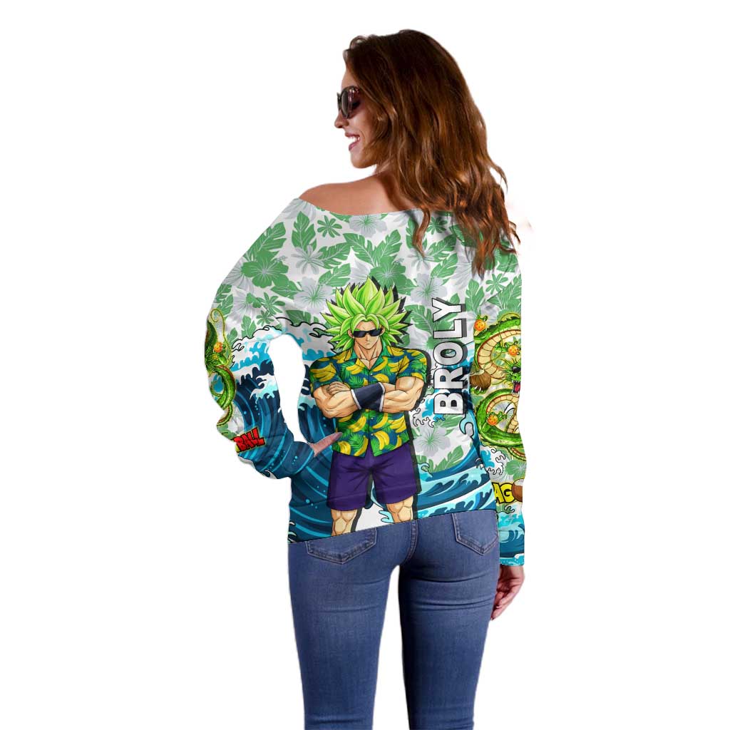 Broly Dragon Ball Summer Theme Off Shoulder Sweater with Banana Shirt Sunglasses Shenron and Tropical Ocean Background - The Mazicc