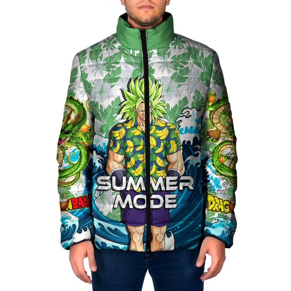 Broly Dragon Ball Summer Theme Padded Jacket with Banana Shirt Sunglasses Shenron and Tropical Ocean Background - The Mazicc