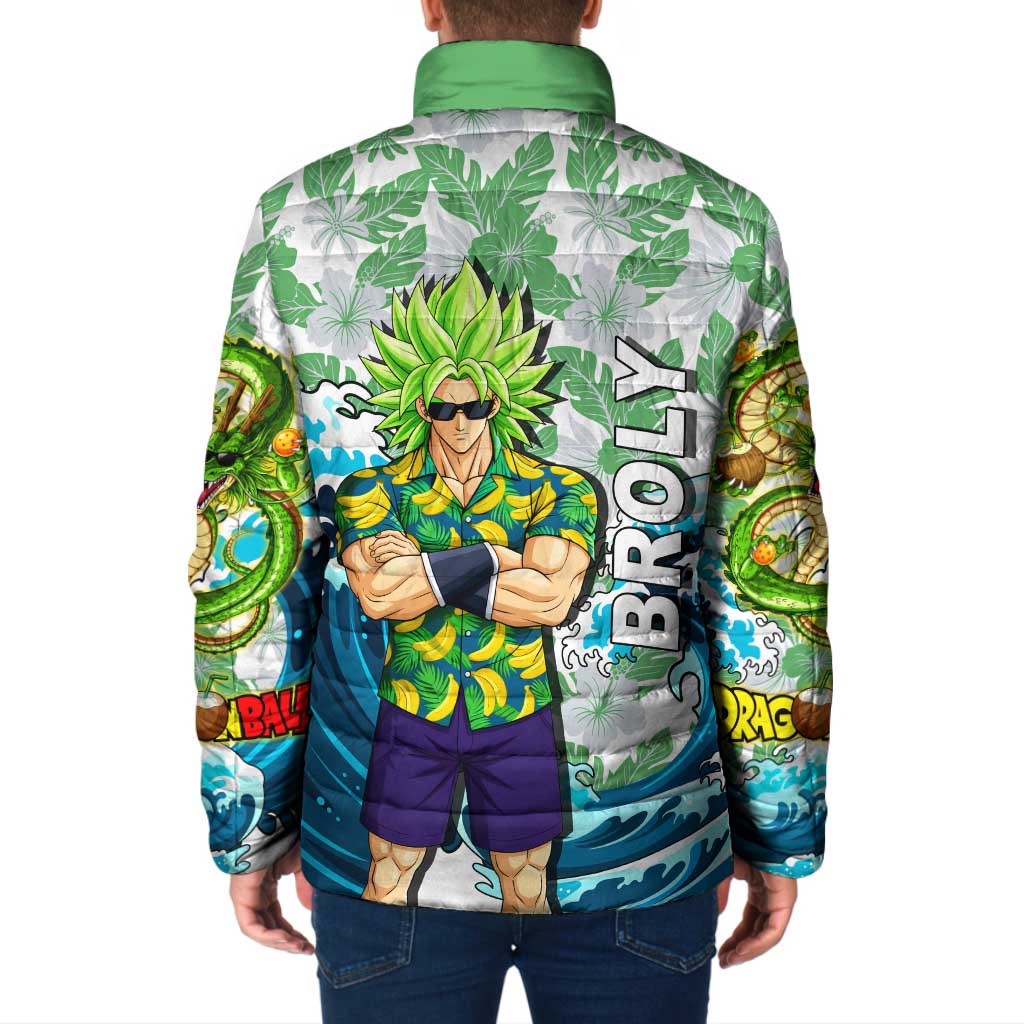 Broly Dragon Ball Summer Theme Padded Jacket with Banana Shirt Sunglasses Shenron and Tropical Ocean Background - The Mazicc