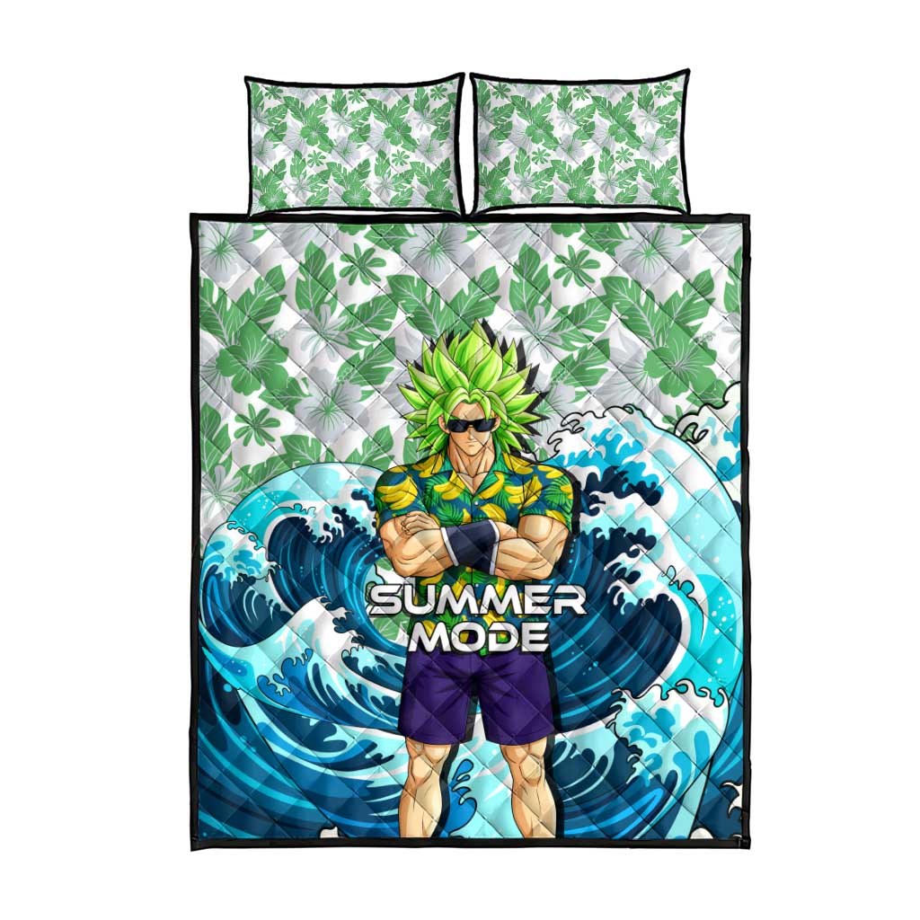 Broly Dragon Ball Summer Theme Quilt Bed Set with Banana Shirt Sunglasses Shenron and Tropical Ocean Background - The Mazicc