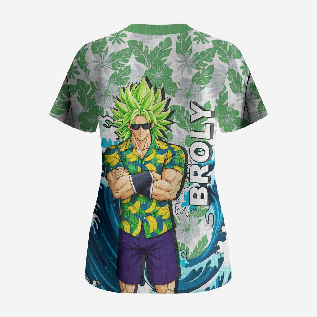 Broly Dragon Ball Summer Theme Scrub Top with Banana Shirt Sunglasses Shenron and Tropical Ocean Background - The Mazicc