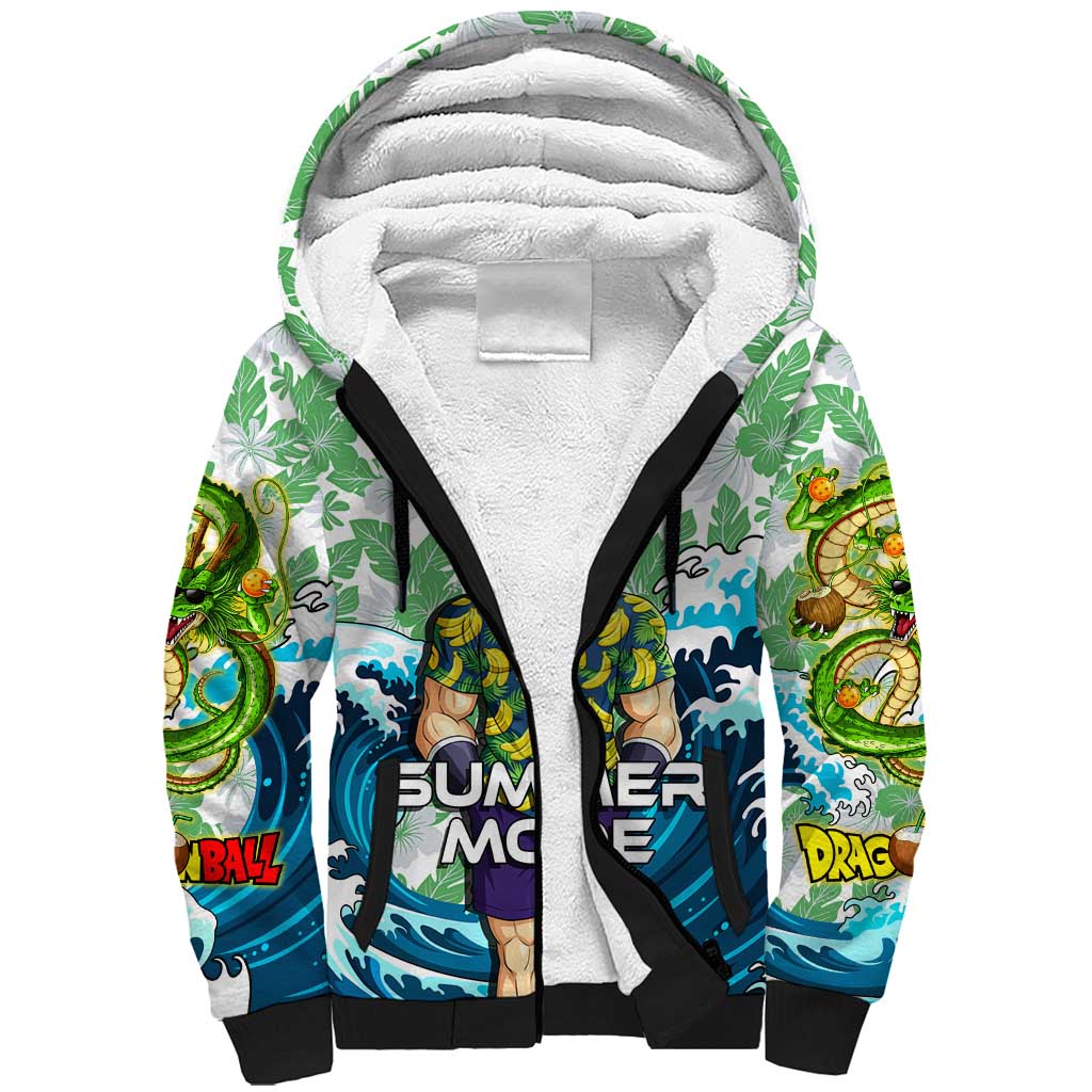 Broly Dragon Ball Summer Theme Sherpa Hoodie with Banana Shirt Sunglasses Shenron and Tropical Ocean Background - The Mazicc