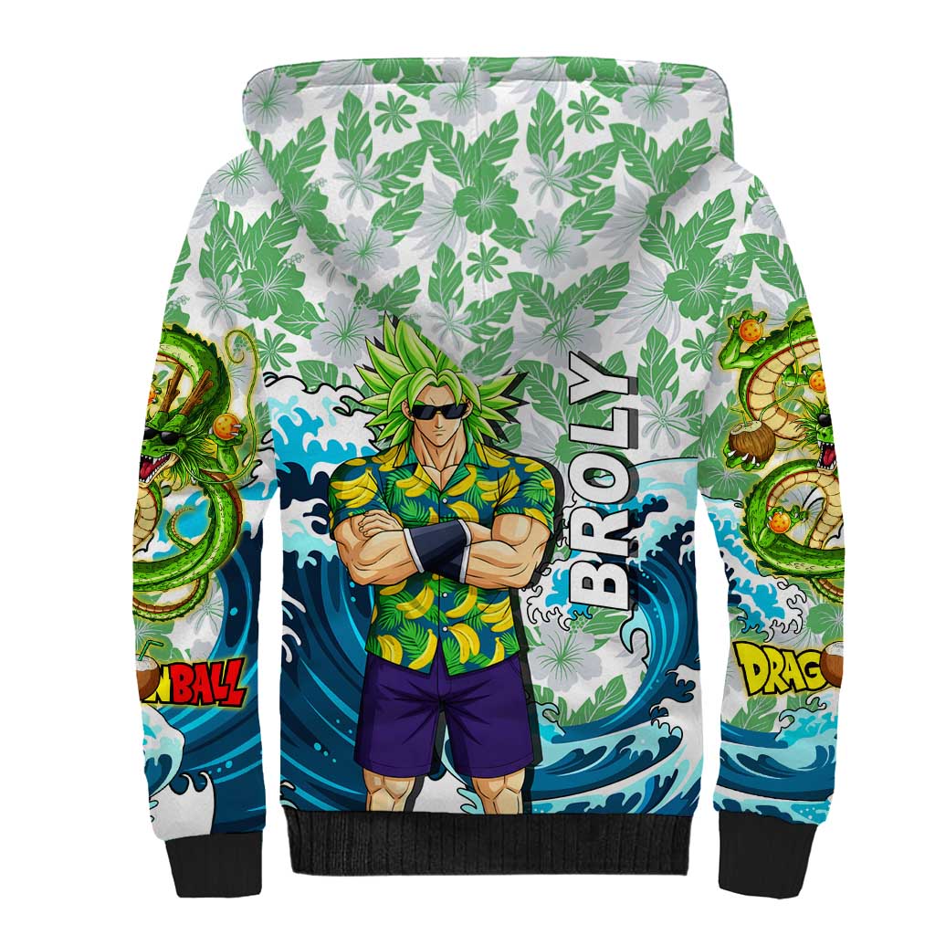 Broly Dragon Ball Summer Theme Sherpa Hoodie with Banana Shirt Sunglasses Shenron and Tropical Ocean Background - The Mazicc