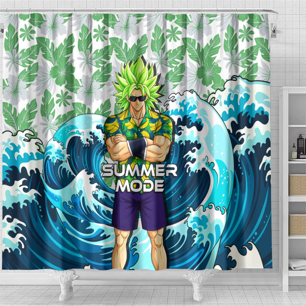 Broly Dragon Ball Summer Theme Shower Curtain with Banana Shirt Sunglasses Shenron and Tropical Ocean Background - The Mazicc