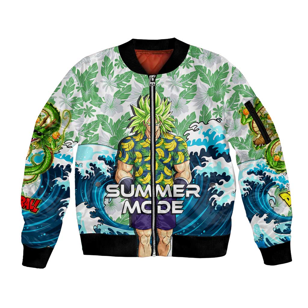 Broly Dragon Ball Summer Theme Sleeve Zip Bomber Jacket with Banana Shirt Sunglasses Shenron and Tropical Ocean Background - The Mazicc