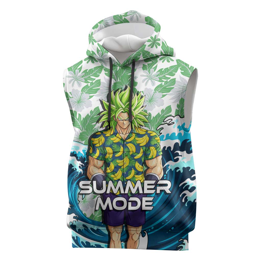 Broly Dragon Ball Summer Theme Sleeveless Hoodie with Banana Shirt Sunglasses Shenron and Tropical Ocean Background - The Mazicc