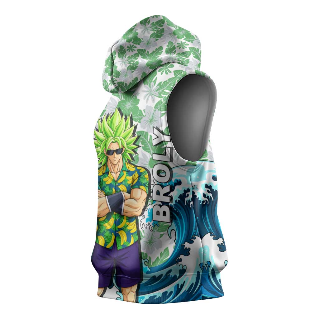 Broly Dragon Ball Summer Theme Sleeveless Hoodie with Banana Shirt Sunglasses Shenron and Tropical Ocean Background - The Mazicc