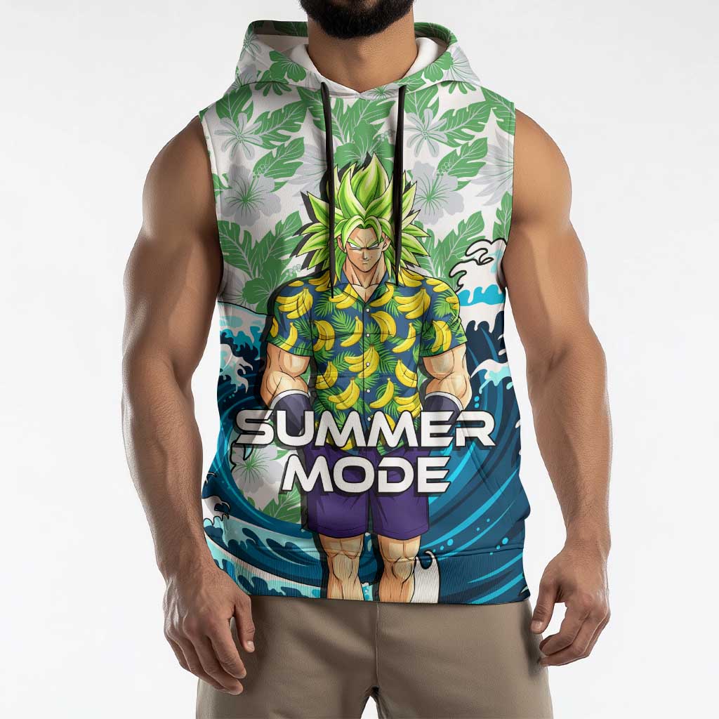 Broly Dragon Ball Summer Theme Sleeveless Hoodie with Banana Shirt Sunglasses Shenron and Tropical Ocean Background - The Mazicc