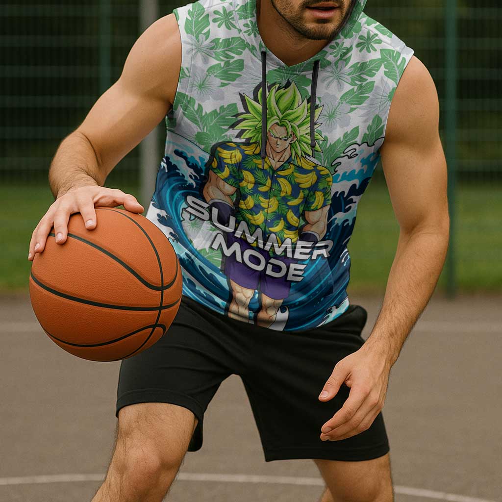 Broly Dragon Ball Summer Theme Sleeveless Hoodie with Banana Shirt Sunglasses Shenron and Tropical Ocean Background - The Mazicc