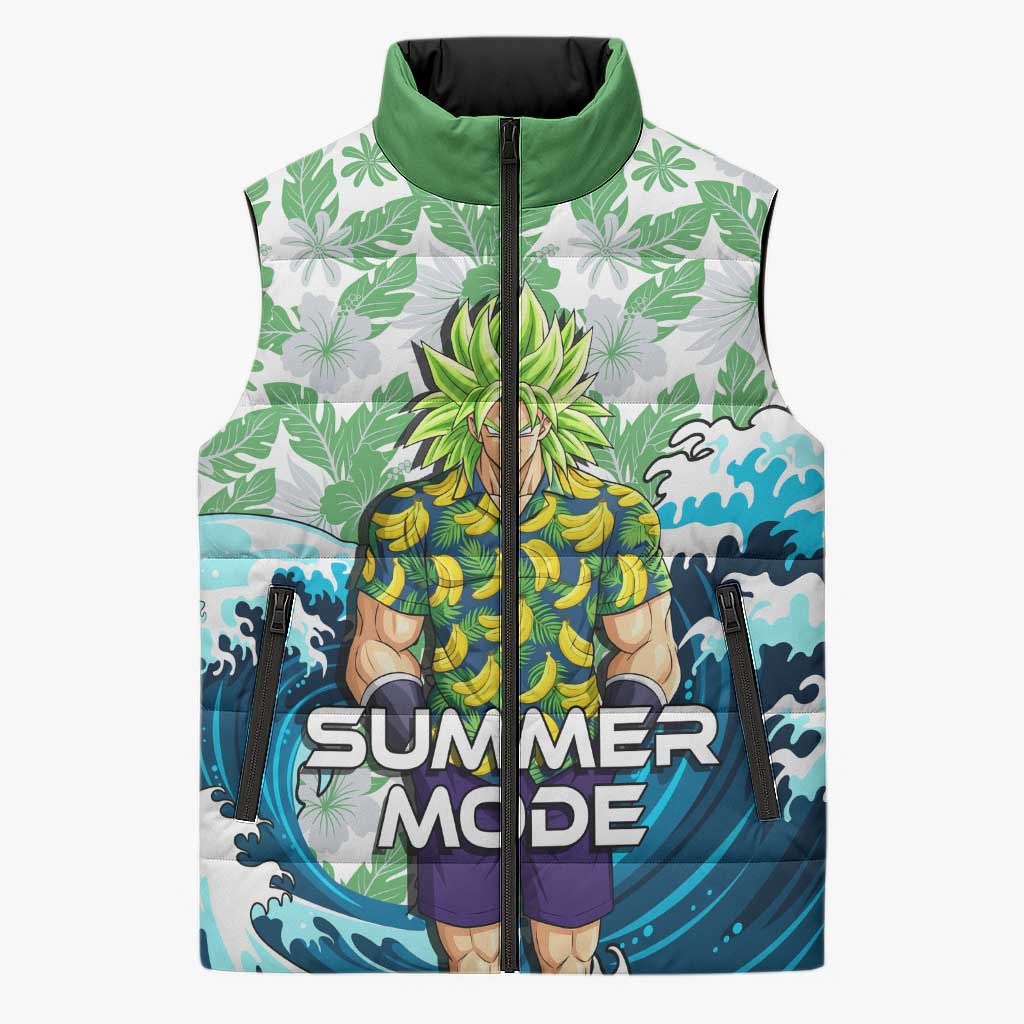 Broly Dragon Ball Summer Theme Sleeveless Puffer Jacket with Banana Shirt Sunglasses Shenron and Tropical Ocean Background - The Mazicc