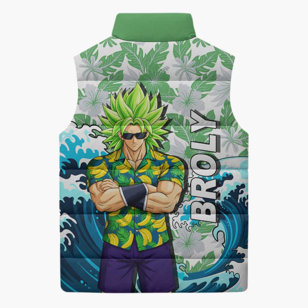 Broly Dragon Ball Summer Theme Sleeveless Puffer Jacket with Banana Shirt Sunglasses Shenron and Tropical Ocean Background - The Mazicc