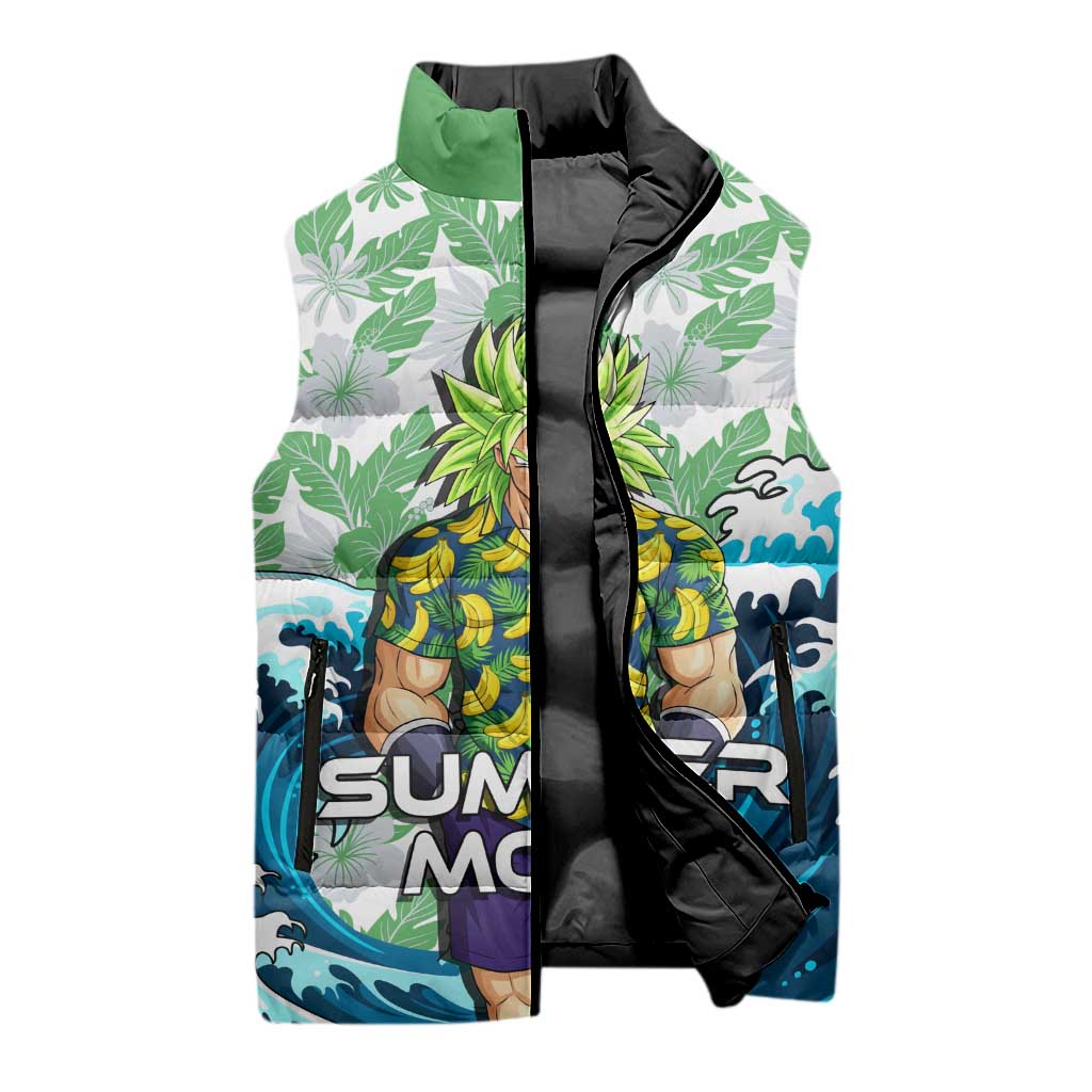 Broly Dragon Ball Summer Theme Sleeveless Puffer Jacket with Banana Shirt Sunglasses Shenron and Tropical Ocean Background - The Mazicc