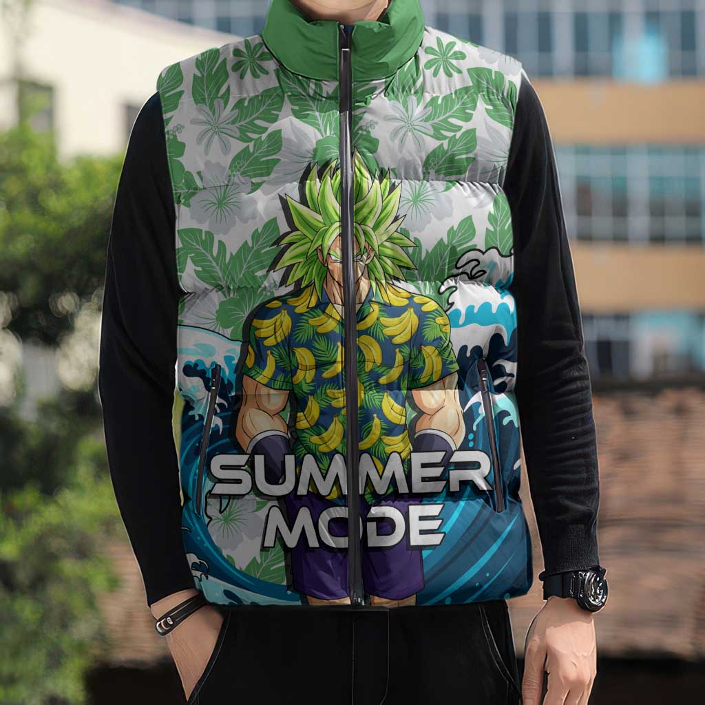 Broly Dragon Ball Summer Theme Sleeveless Puffer Jacket with Banana Shirt Sunglasses Shenron and Tropical Ocean Background - The Mazicc