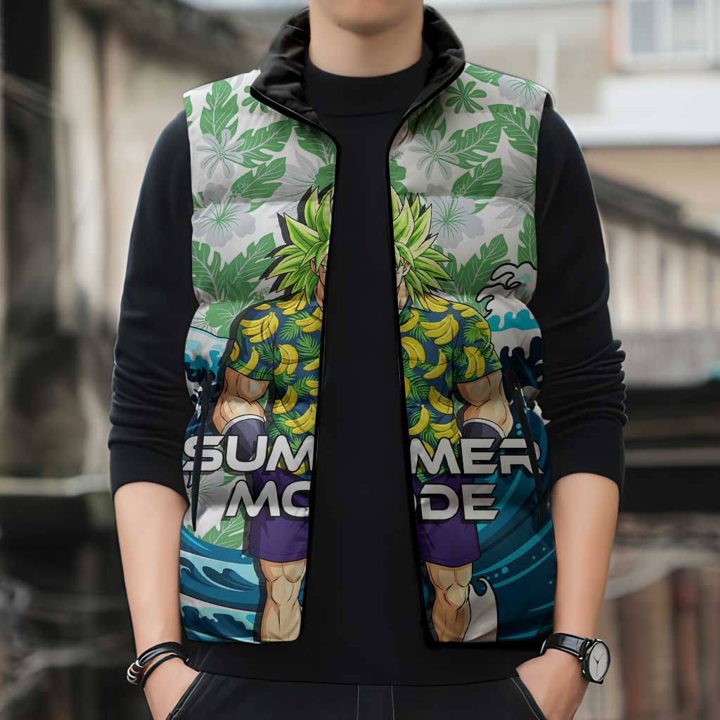 Broly Dragon Ball Summer Theme Sleeveless Puffer Jacket with Banana Shirt Sunglasses Shenron and Tropical Ocean Background - The Mazicc
