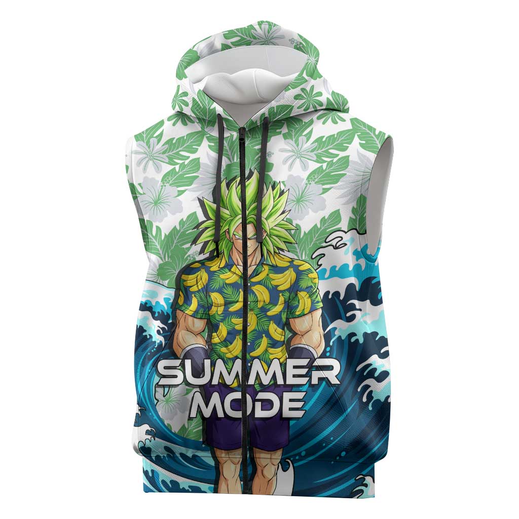 Broly Dragon Ball Summer Theme Sleeveless Zip Hoodie with Banana Shirt Sunglasses Shenron and Tropical Ocean Background - The Mazicc
