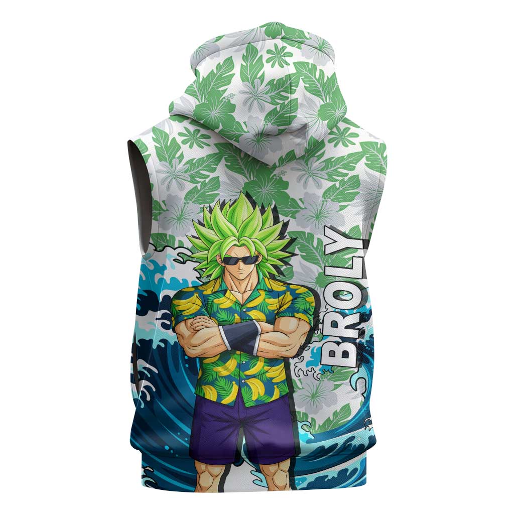 Broly Dragon Ball Summer Theme Sleeveless Zip Hoodie with Banana Shirt Sunglasses Shenron and Tropical Ocean Background - The Mazicc